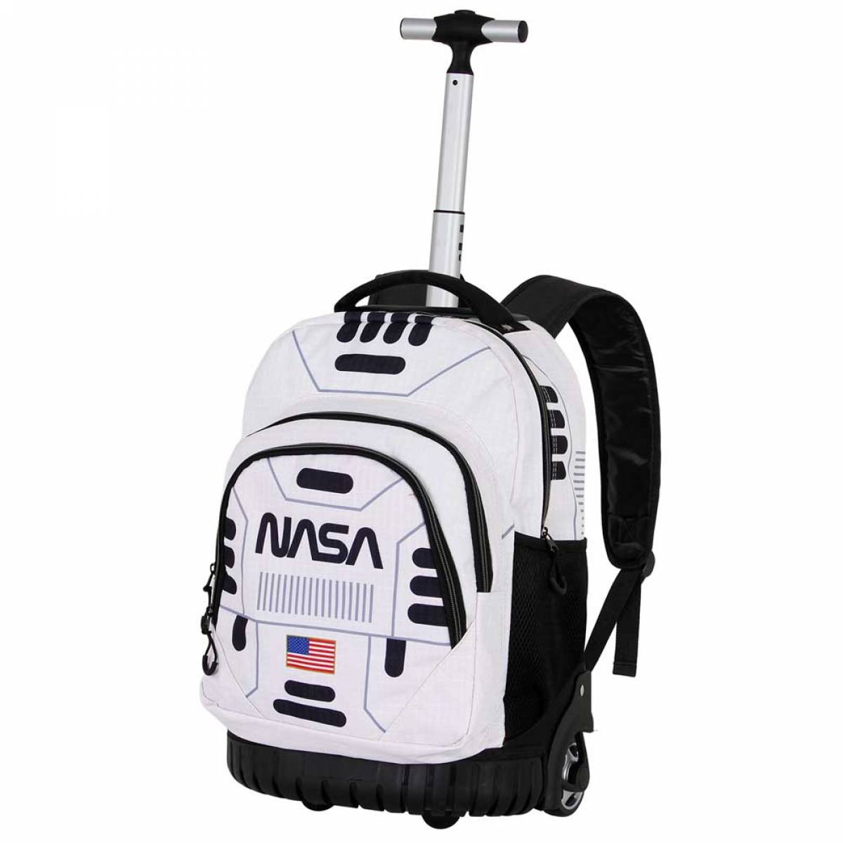 Ghiozdan Troller Scolar, NASA Spaceship, 3 Compartimente, 2 Buzunare, Alb, 32cm x 47cm x 27cm